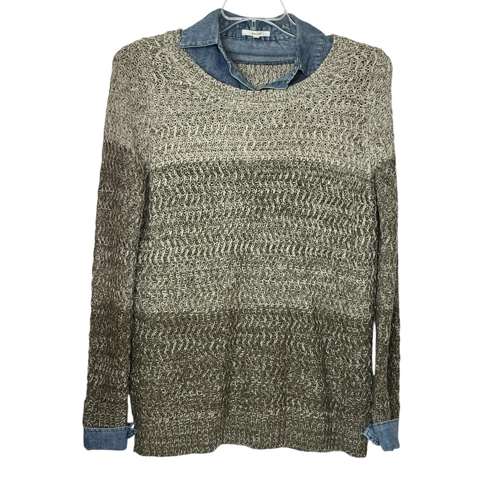 Easel‎ Brown Tone Long Sleeve Sweater Attached Denim Underlay Women's Small